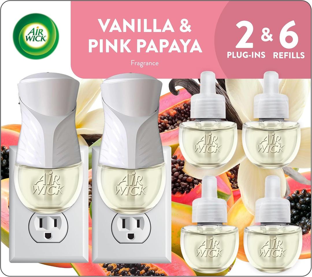 Air Wick Plug In Scented Oil Starter Kit, 2 Warmers + 6 Refills, Vanilla & Pink Papaya, Essential Oils, Air Freshener
