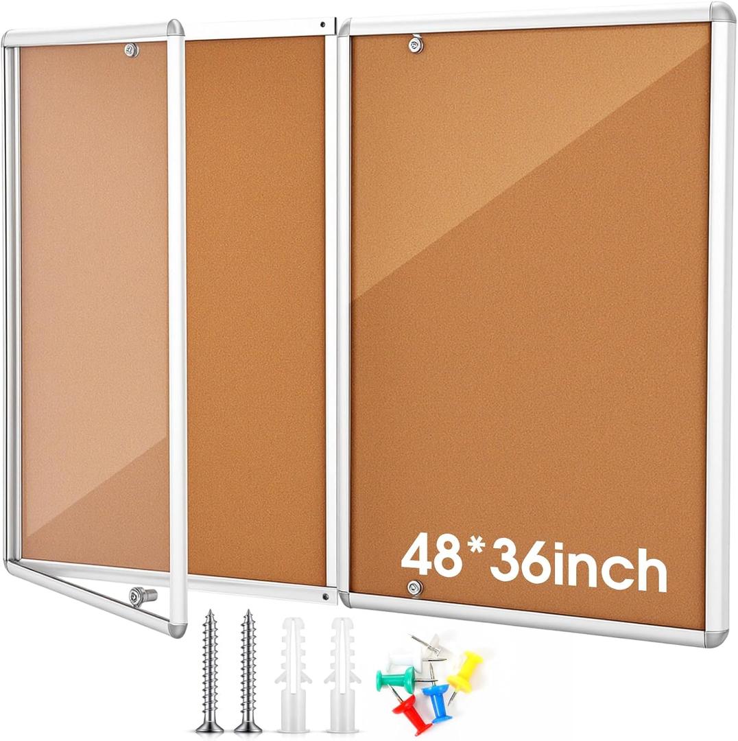 Motipuns Enclosed Bulletin Board 48" x 36" Weatherproof Lockable Outdoor Cork Case Display Board Wall Mounted 2 Locking Door Aluminum Frame for Office, School, Commercial, Hospital, 12 x A4(Wood)