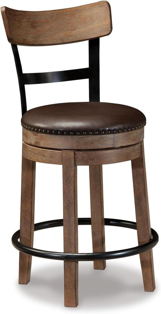 Signature Design by Ashley Pinnadel Bar Stool, Swivel Counter Height Stool Chair With Faux Leather Seat, Wood and Metal Frame for Kitchen Island With Seating, Light Brown