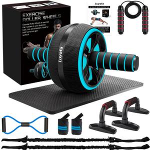 Ab Roller Wheel, 10-In-1 Ab Exercise Wheels Kit with Resistance Bands, Knee Mat, Jump Rope, Push-Up Bar - Home Gym Equipment for Men Women Core Strength & Abdominal Exercise (Blue)