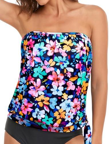 Holipick Strapless Tankini Tops for Women Swimwear Top ONLY Bandeau Bathing Suit Blouson Swimsuit, No Bottom, XL