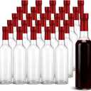 Potchen 25pcs 300ml Plastic Bottles with Screw Lid and Shrink Capsules Caps Seals, Empty Clear Long Neck Bottles for Christmas Homemade Drinks Gift Coquito Vanilla Extract Limoncello (Red)