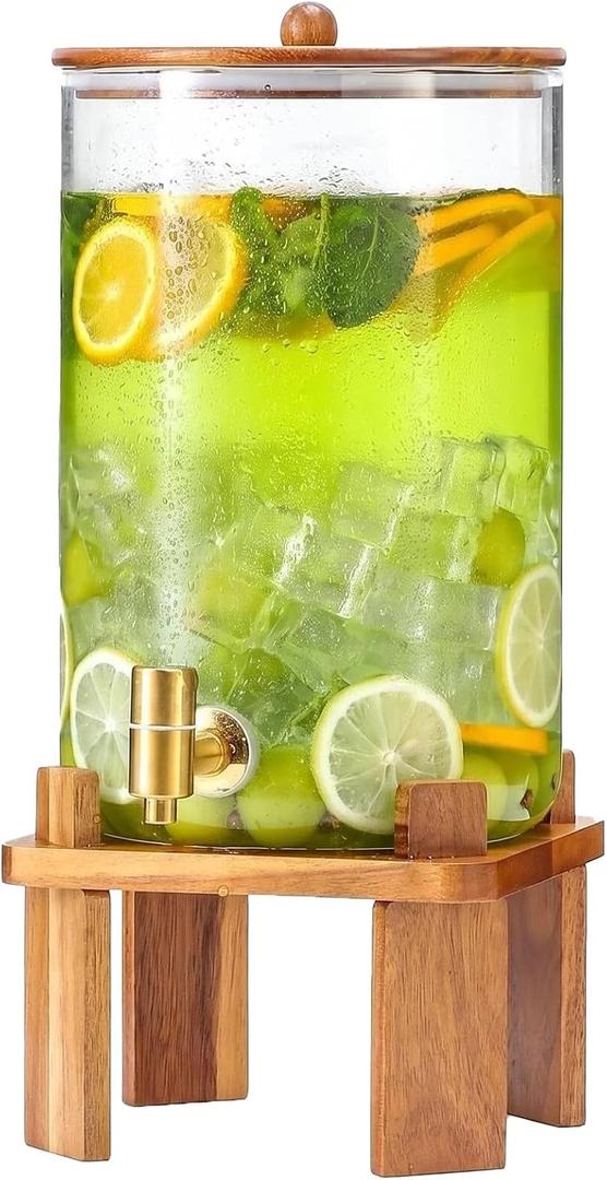 2.1 Gallon Large Glass Drink dispenser, With Wood Stand Steel Spigot