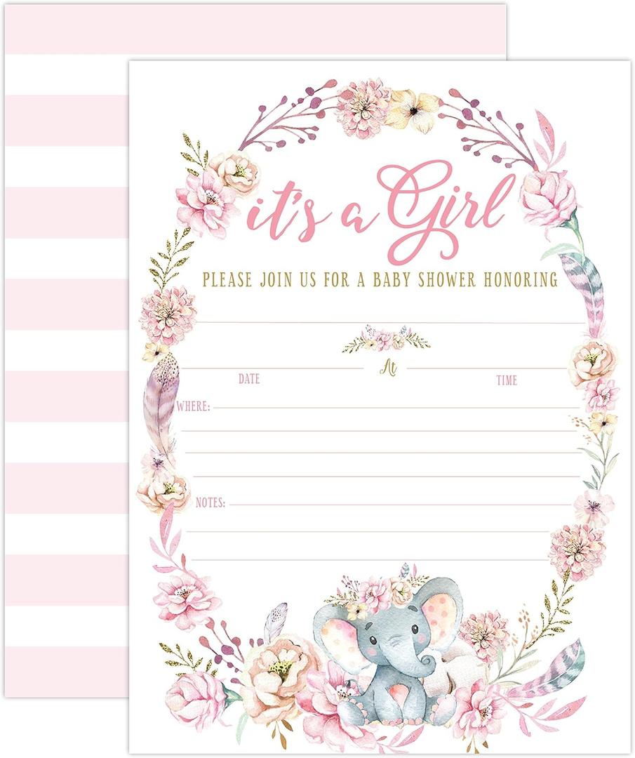 Your Main Event Prints Elephant Girl Baby Shower Invitations - Pink Floral Theme - It's a Girl Baby Sprinkle Invites - 20 Fill-In Cards - Envelopes Not Included