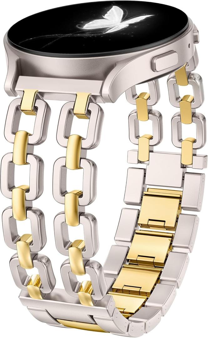 Wearlizer Metal Band Compatible with Samsung Galaxy Watch 7 6 5 4 FE Active 2 40mm 44mm/Watch 6 4 Classic 43mm 47mm 42mm 46mm/Watch 5 Pro 45mm Bands, 20mm Dressy Stainless Steel Chain Strap Women (Starlight/Gold)