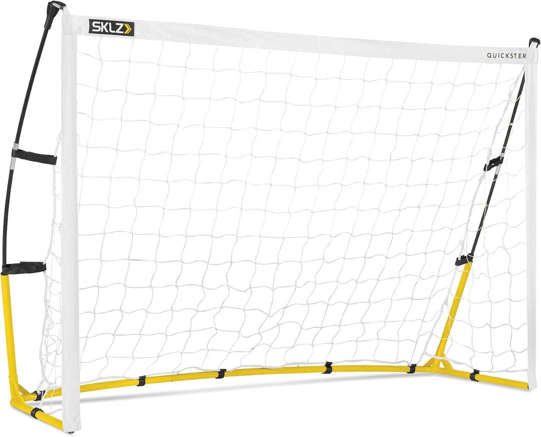 SKLZ Quickster Soccer Goal - Portable Goal for Backyard & Field - Durable Tension-Tite Frame & Heavy Gauge 2-Ply Net - Adjustable Click-Lock Poles, Metal Stakes - Carrying Case with Handle