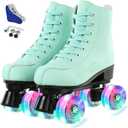Jessie PU Leather Skates - Premium Adjustable Four-Wheel Roller Skates for Women, Men, Boys & Girls - Indoor & Outdoor (38-Women's 8/ Men's 6.5, Green Flash Wheel)