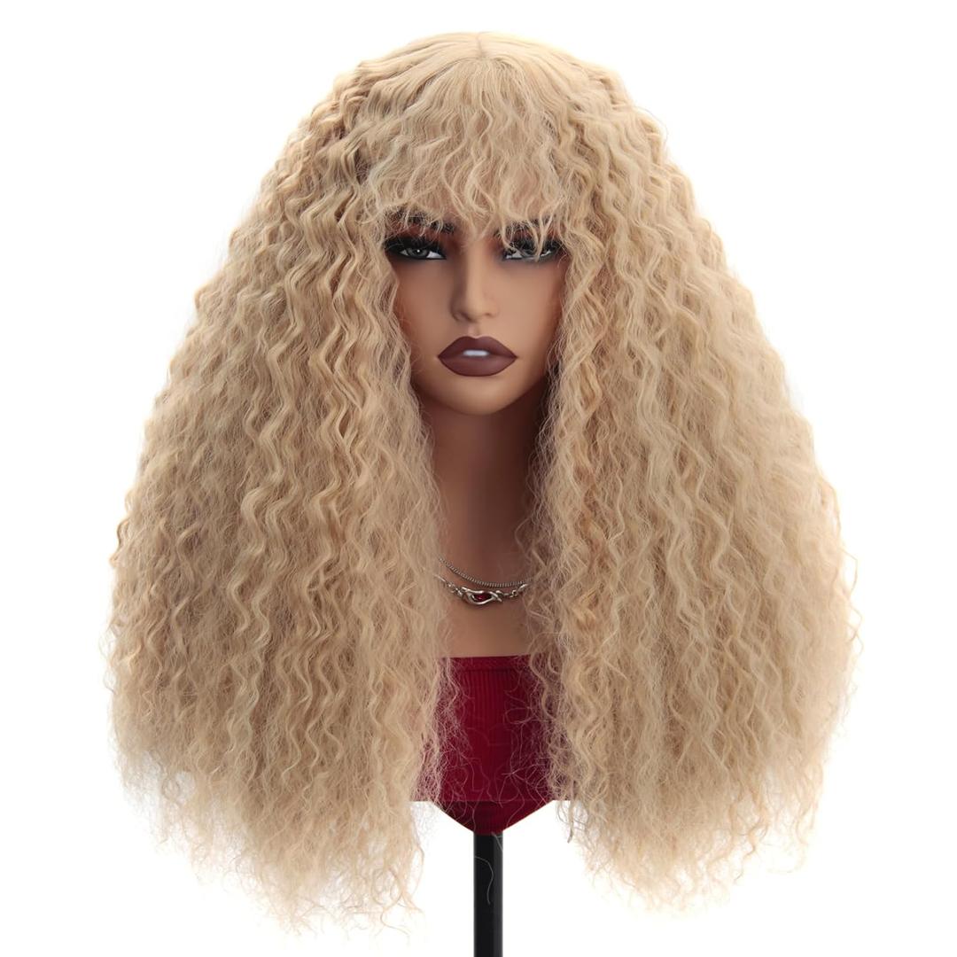 Curly Wig with Bangs Blonde Curly Wig for Women Synthetic Curly Wigs Skin-friendly Synthetic Fibersc for Daily Festival Holiday Use Long Curly Wig 26 Inch, Blonde