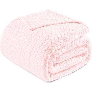 Exclusivo Mezcla Light Pink Fleece Queen Size Blanket for Bed, 90x90 Inches Soft Cozy Jacquard Flannel Blankets, Lightweight Fuzzy Plush Warm for All Seasons