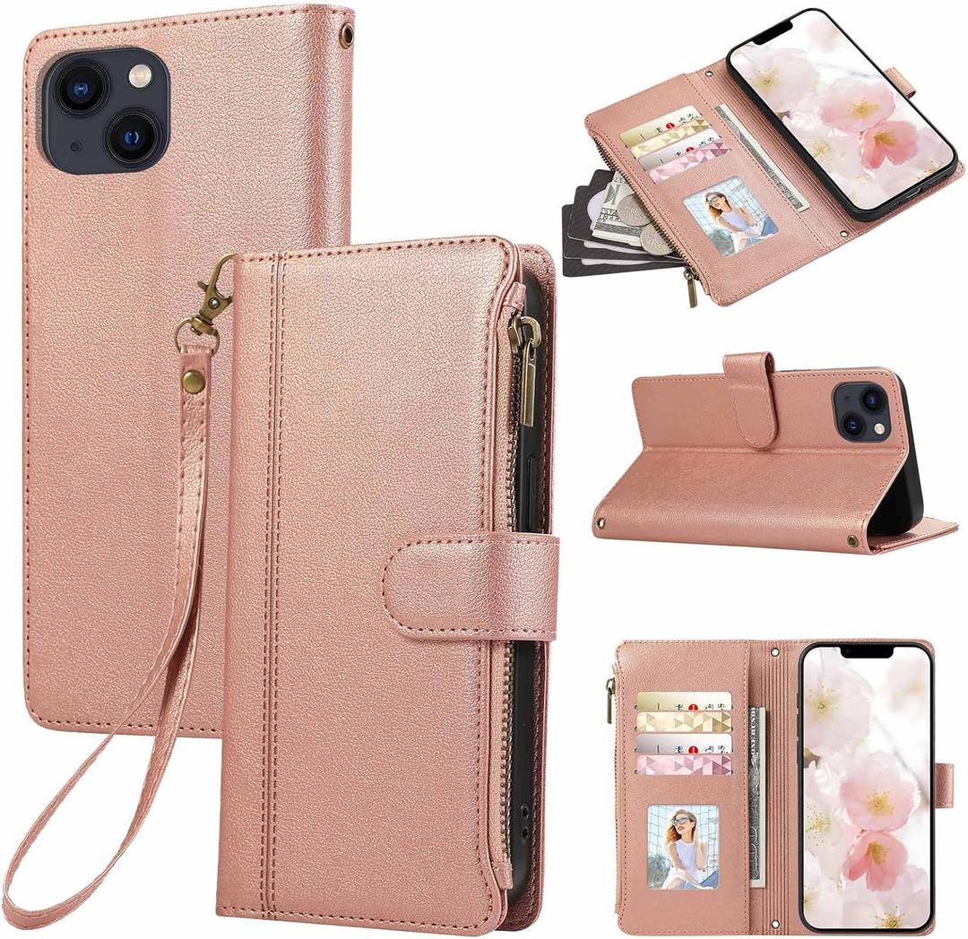for iPhone 13 Phone Case Wallet,Flip PU Leather Zipper Pocket Credit Card Holder Wrist Strap Men Women Protective Cover (Rose Gold)