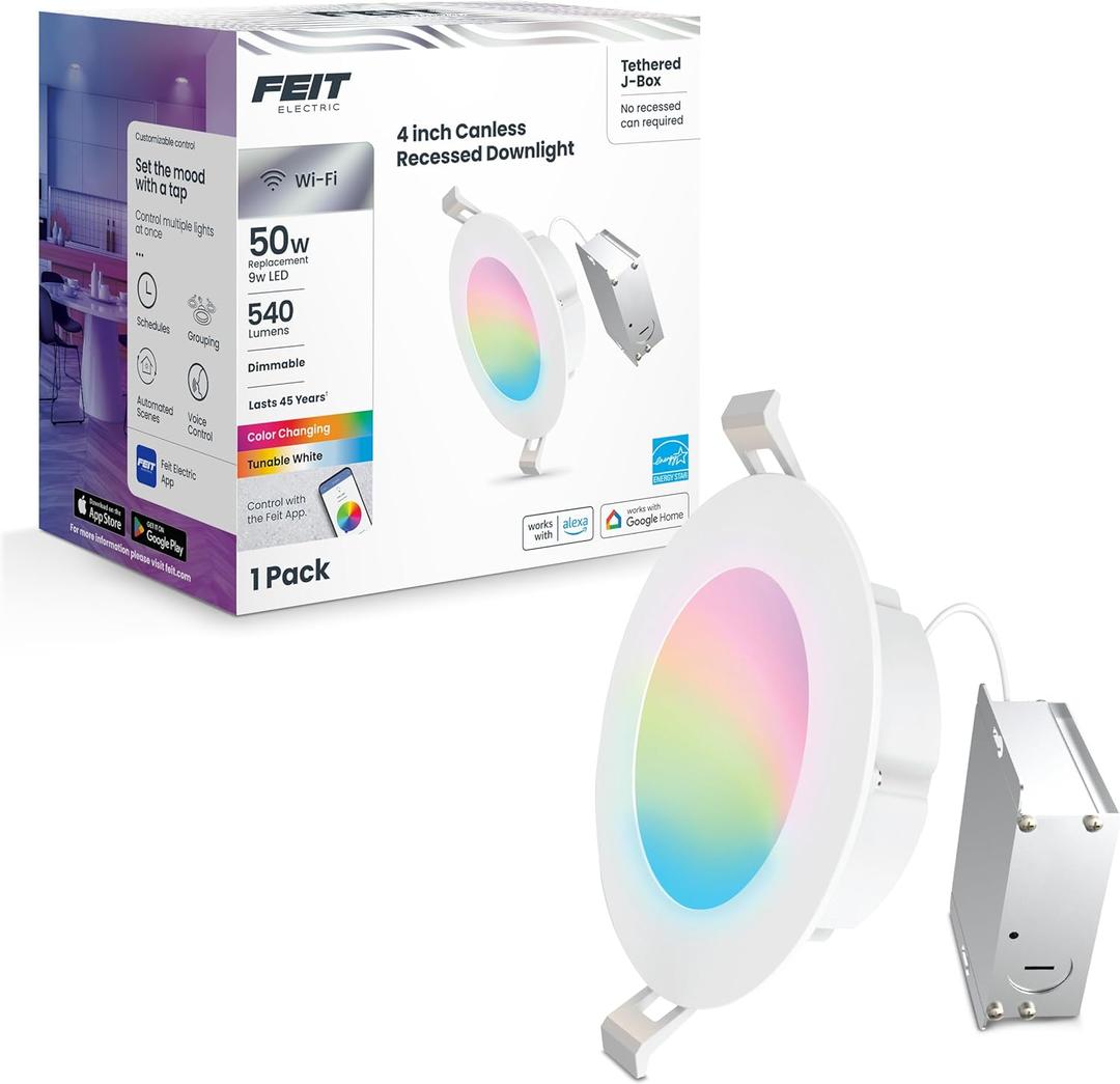Feit Electric 4 Inch Smart Recessed Light Canless Jbox, Color Changing and Tunable White, 2.4GHz WiFi Retrofit LED Downlight, Dimmable, LEDR4XT/RGBW/CA/AG (1 Count (Pack of 1))