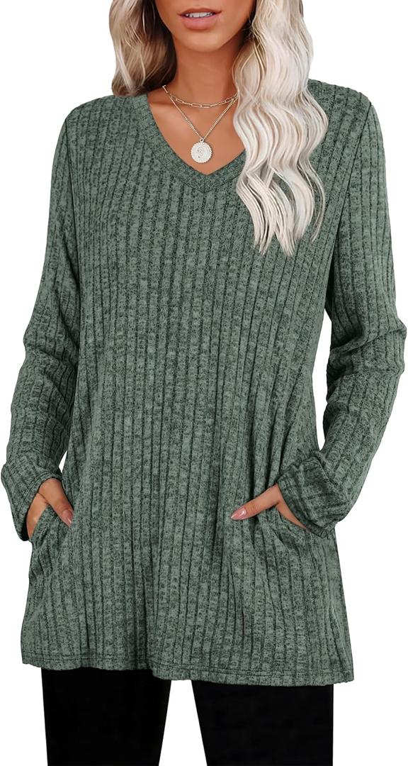 2 x WIHOLL Womens Tops Fall Fahion 2025 Long Sleeve Shirts Casual Lightweight Tunic Sweaters Fashion Winter Clothing (Gray, M)