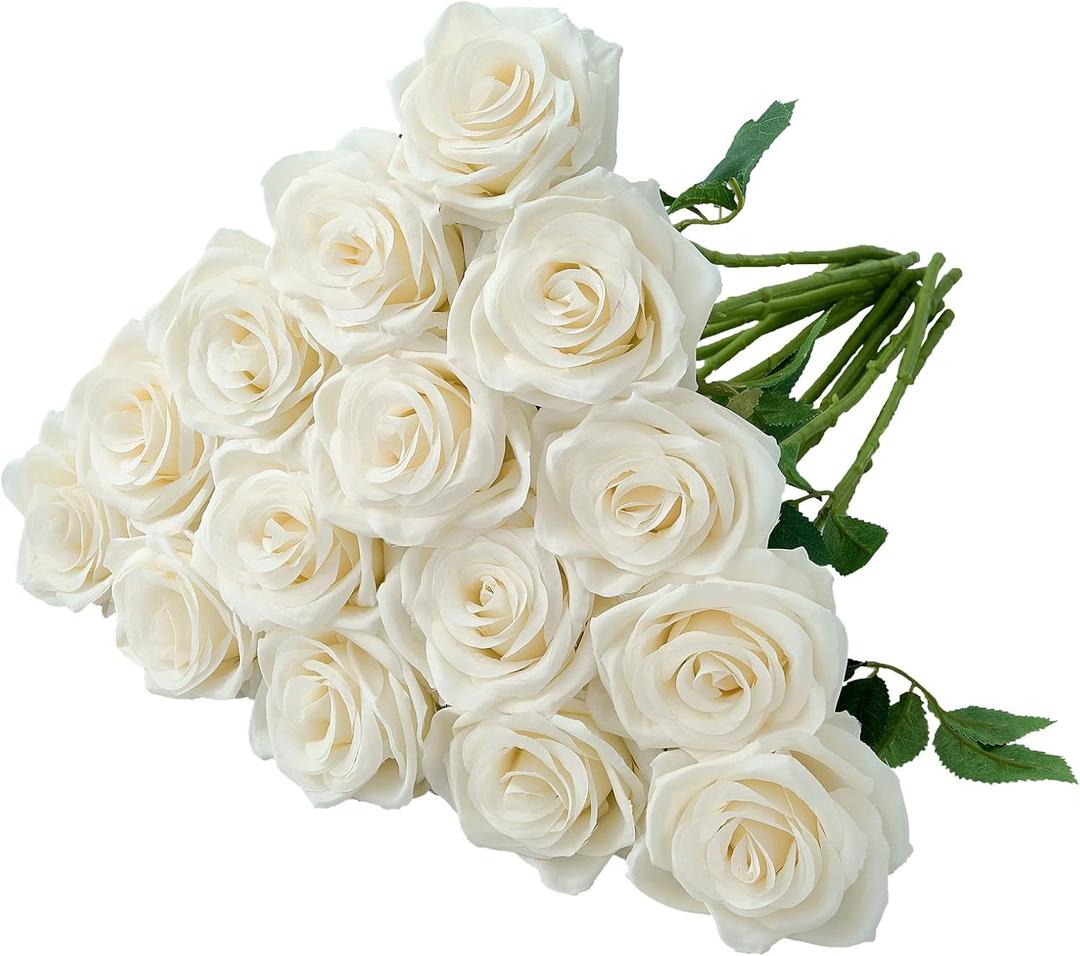 Carlitas Blooms 15pcs Ivory Roses Artificial Flowers Silk Fake Flowers Realistic White Roses Bouquet Long Stem for Wedding Home Party Birthday Decoration