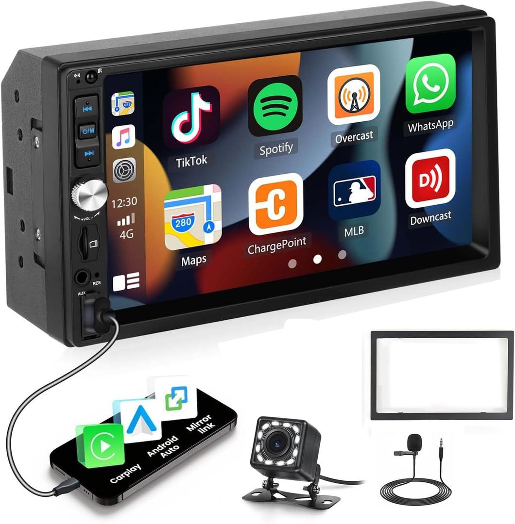 Double Din Car Stereo with Apple CarPlay Android Auto 7 Inch HD Touch Screen Bluetooth Car Radio Mirror Link FM Radio AUX/USB/TF Input, EQ SWC Car Audio Receiver with Backup Camera & Mic