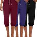 Ficerd 3 Pcs Women's Capri Sweatpants Joggers Summer Casual Sports Cropped Lounge Pants High Waisted Athletic with Pockets (X-Large, Black, Red, Navy Blue)