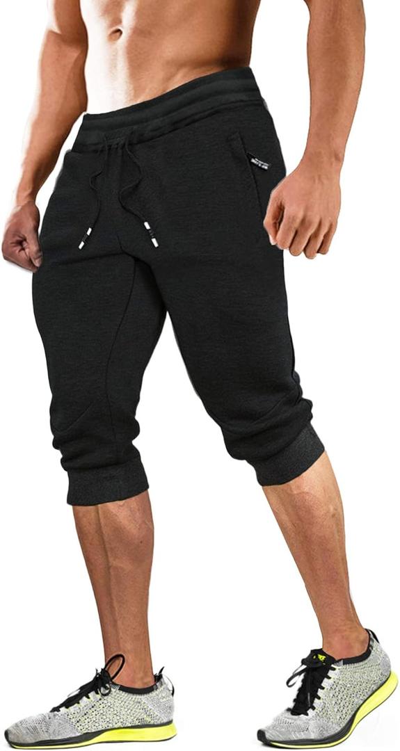 MAGCOMSEN Men's 3/4 Capri Joggers Running Athletic Gym Workout Long Shorts Cotton Below Knee Pants with Zipper Pockets