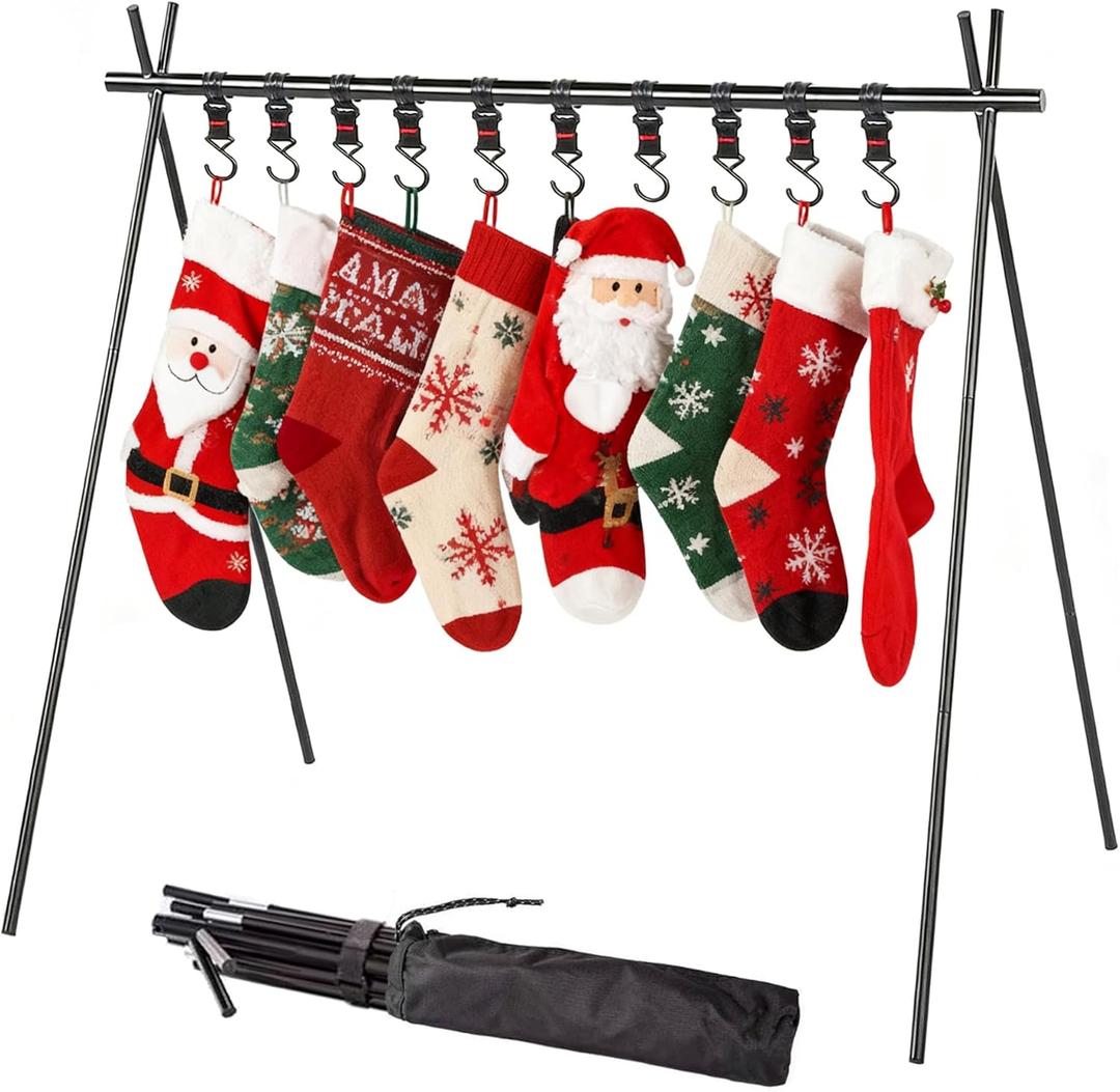 ShyrKipe Christmas Stocking Holder Stand with 10 Hooks, Foldable FreeStanding Stocking Hangers Rack for Floor, Home, Living Room Holiday Decor - Quick Assembly Aluminium Matte Black