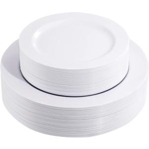 FLOWERCAT 60PCS White Plastic Plates - Heavy Duty White Disposable Plates for Birthday Party/Wedding -serve for 30 guests Include 30PCS 10.25" Dinner Plates & 30PCS 7.5" Dessert Plates for Party