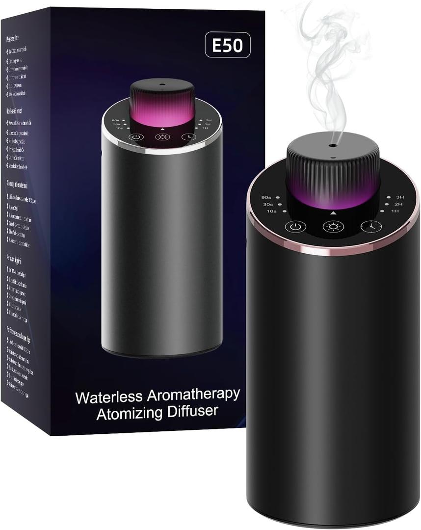 Waterless Essential Oil Diffuser Aromatherapy Scent Diffusers for Home Large Room, Bedroom, Car, Office, Desk, Battery Operated Mini Portable Air Freshener, 3 Countdown Timers & 3 Mist Levels (Black)