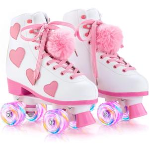 Women's and Girl's Classic Roller Skates with Light up Wheels and Love Heart Pattern, High-top PU Leather Rollerskates (Women's 6 / Youth's 5, WHITE)
