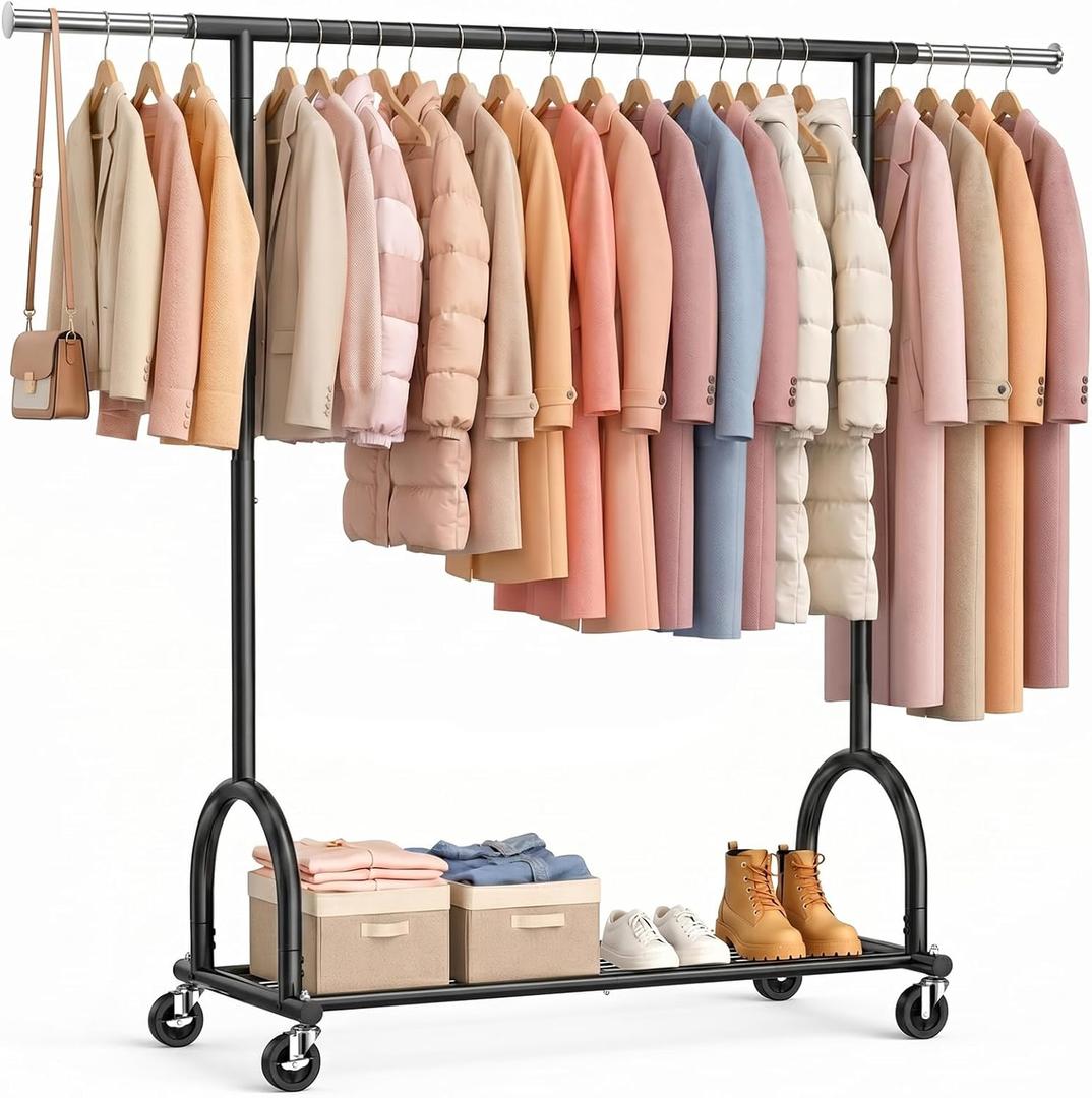 EAGMAK Heavy Duty Clothes Rack for Hanging Clothes Load 424 LBS, Height Adjustable Rolling Clothing Racks, Portable Metal Coat Rack Garment Wardrobe with Wheels and Shelves for Bedroom Laundry, Black