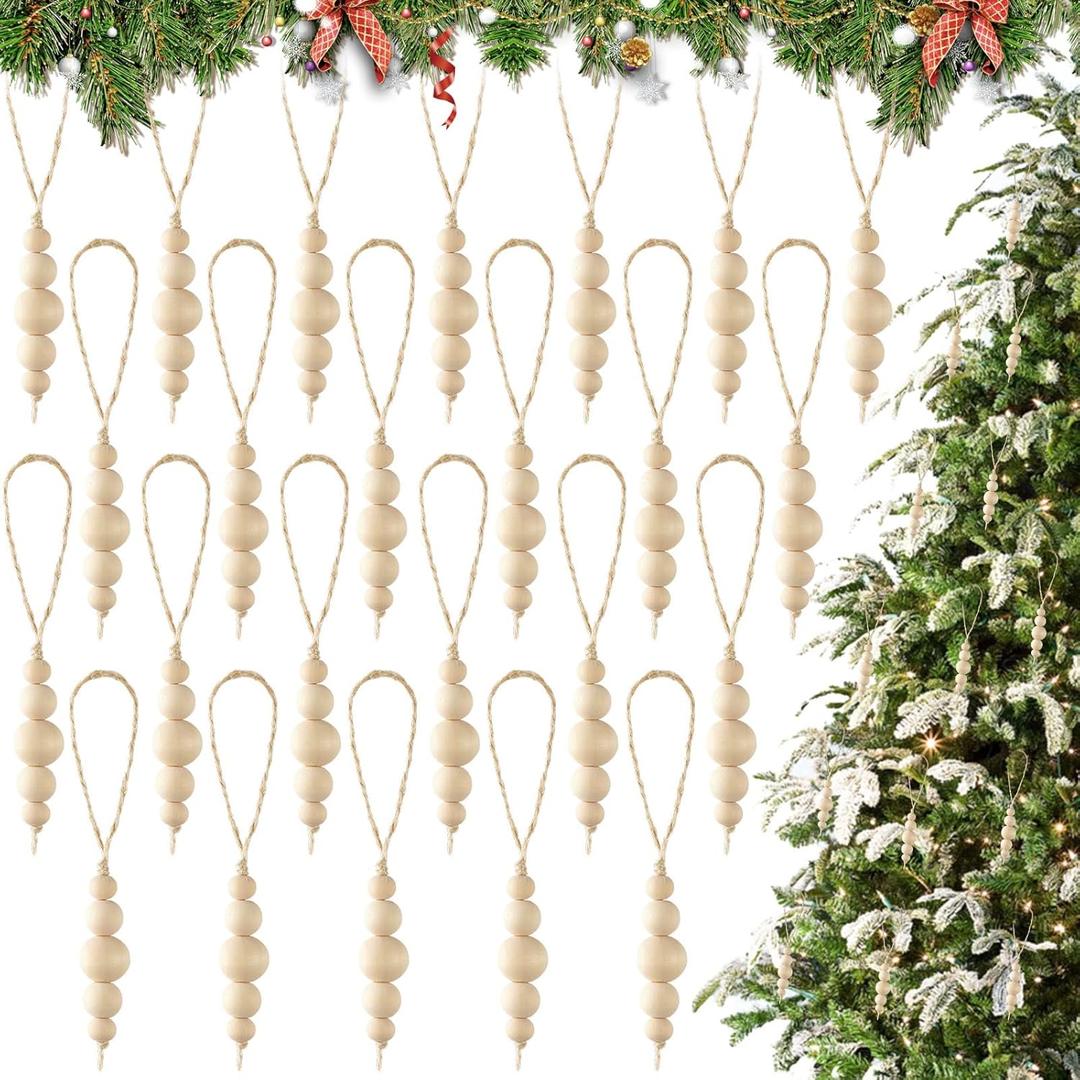 Liliful 90 pcs Christmas Tree Ornaments Wood Bead Hanging Decorations Boho Farmhouse Hanging Beads Natural Wooden Decorations for Christmas Tree Fireplace Garland(Round Style)