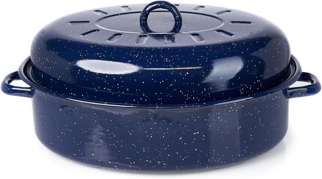 IMUSA USA 18" Traditional Vintage Style Blue Speckled Enamel on Steel Covered Oval Roaster