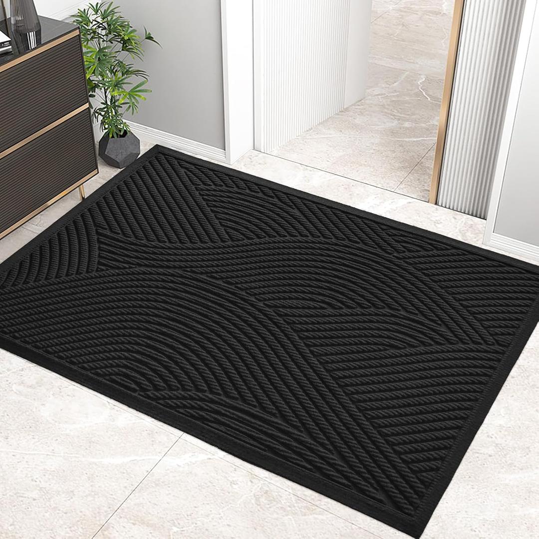 Sturdy Front Door Mat, Absorbent Muddy Dirt Resist Welcome Door Mats Outdoor Indoor, Stain and Fade Resistant, Non-Slip Backing Entry Mat Low Profile Doormat for Entryway, 60×36, Black
