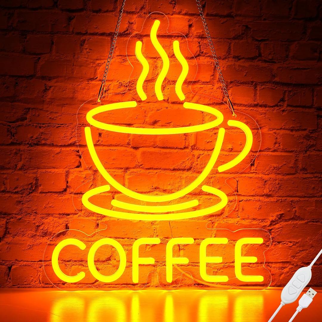 Basaneon Coffee Neon Sign for Wall Decor Dimmable Modern Led Sign for Cafe Shop, USB Powered Coffee Cup Neon Signs Light Up for Cafe Station Accessories Art Decor Party Decorations(15.7 * 12.8inches)