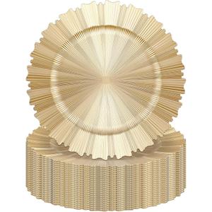 Mifoci 24 Pcs Champagne Gold Charger Plates Bulk 13 Inch Plastic Round Chargers Fluted Edge Dinner Plate Wedding Decoration for Table Setting Wedding Party Event Tabletop