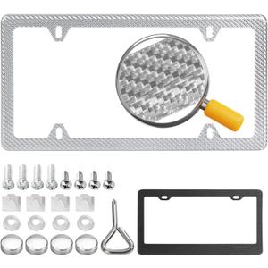 Real Carbon Fiber License Plate Frame, 100% Pure Carbon Fiber Frame, Black License Plate Holder Cover with Screw Caps, Anti-Vibration Pads(Twill 4 Hole-Silver)