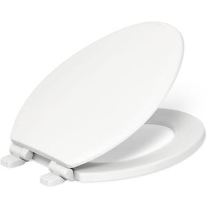KOHLER 20454-0 Ridgewood Elongated Soft Close Toilet Seat, Quiet Close, Wood Toilet Seat, Home Essentials, White, 18.63"L x 14.19"W