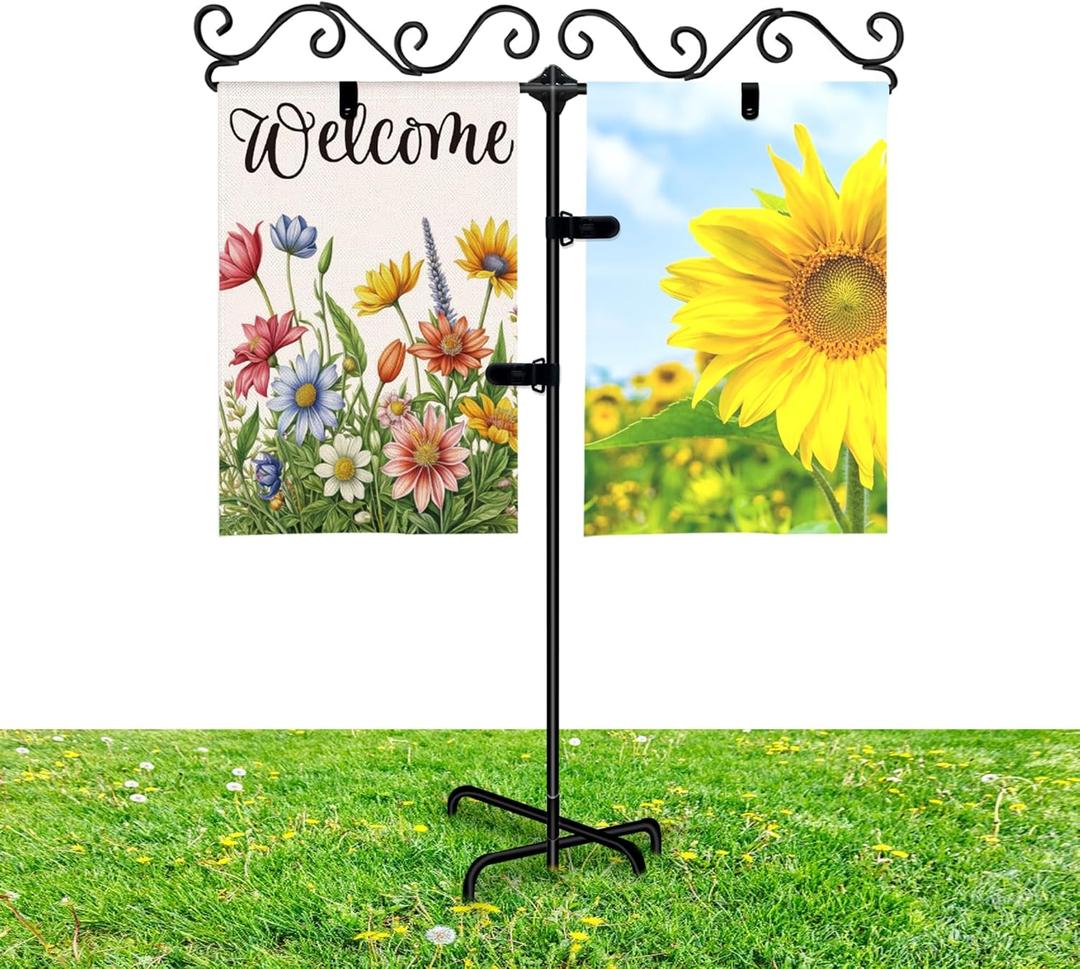 Garden Flag Stand Holder with 5 Prong Base,Metal Yard Flag Stand for Small Garden Flags 12 x 18,Suitable for Outside or Garden Patio Yard Decor,Included Accessories