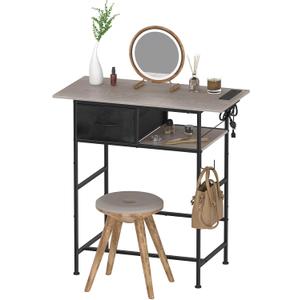 DAMEING Vanity Desk Without Mirror, Makeup Vanity Table with Fabric Drawers and Hook, Simple Home Office Computer Desk with Power Outlet, Compact Makeup Desk for Girls Bedroom and Small Space, Brown