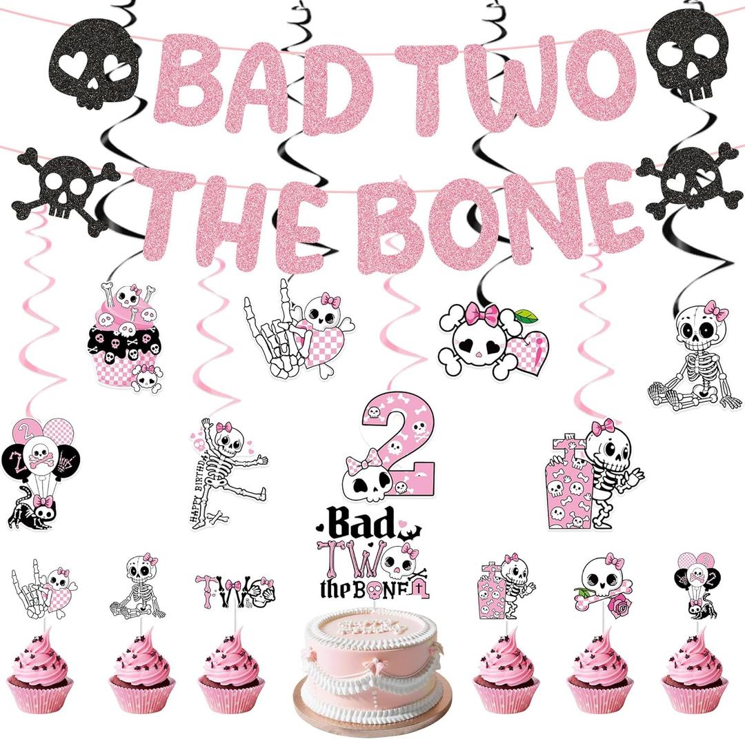 Bad 2 the Bone Party Decorations Girl, Cute Gothic 2nd Birthday Party Supplies with Banners Cake Topper Cupcake Toppers Hanging Swirls, 2 Year Old Girl Birthday Decor