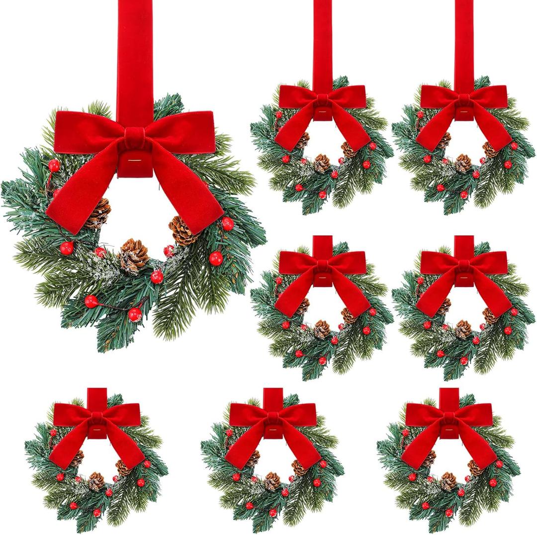 Knitgrip 8 Pcs Mini Christmas Wreaths for Cabinet Kitchen Windows Decors Bulk with Red Bow Small Artificial Norfolk Farmhouse Wreaths with Berry Pine Cone for Fireplace Front Door Porch Wall Hanging