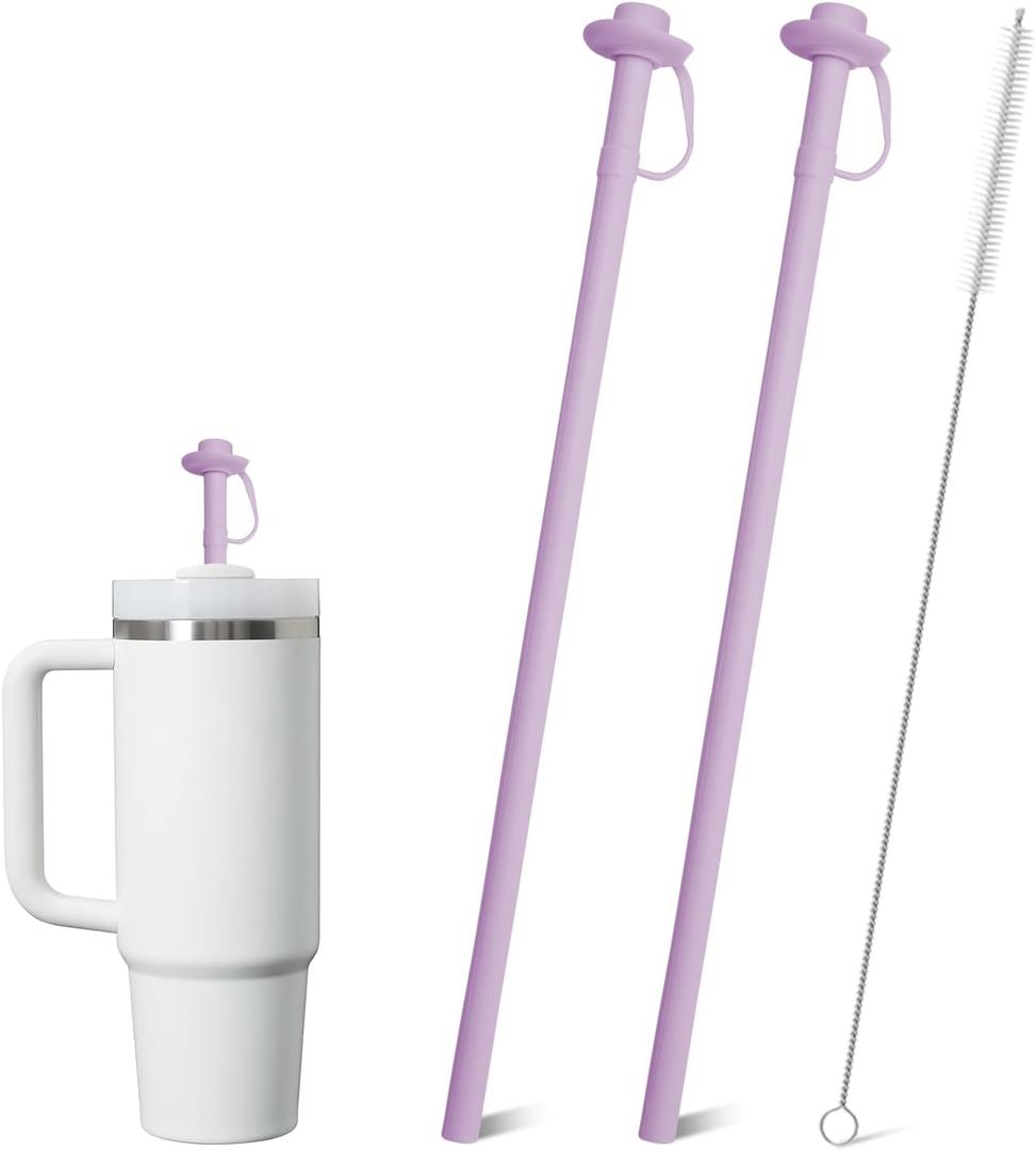2 Pack Reusable Silicone Straws for Stanley Cups 20oz 30oz 40oz, 12 Long Drinking Straws with Built-In Cowboy-Style Straw Top, Bite-Safe, Trim-to-Fit, Includes Cleaning Brush (Purple)