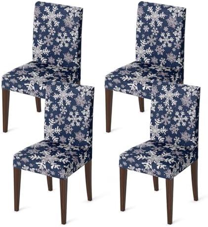 Horaldaily 4PCS Christmas Dining Blue Chair Covers, Simple Snow Stick Figure Stretch Removable Washable Slipcover Chair Protector for Dining Room Home Decor