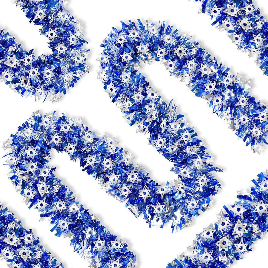 Palonu 50 Feet Hanukkah Decorations Tinsel Garland Glitter Twist Garland Metallic Menorah Ornaments Blue Metallic Streamers with Silver Star, Indoor Outdoor Chanukah Decorations Home Party Supplie