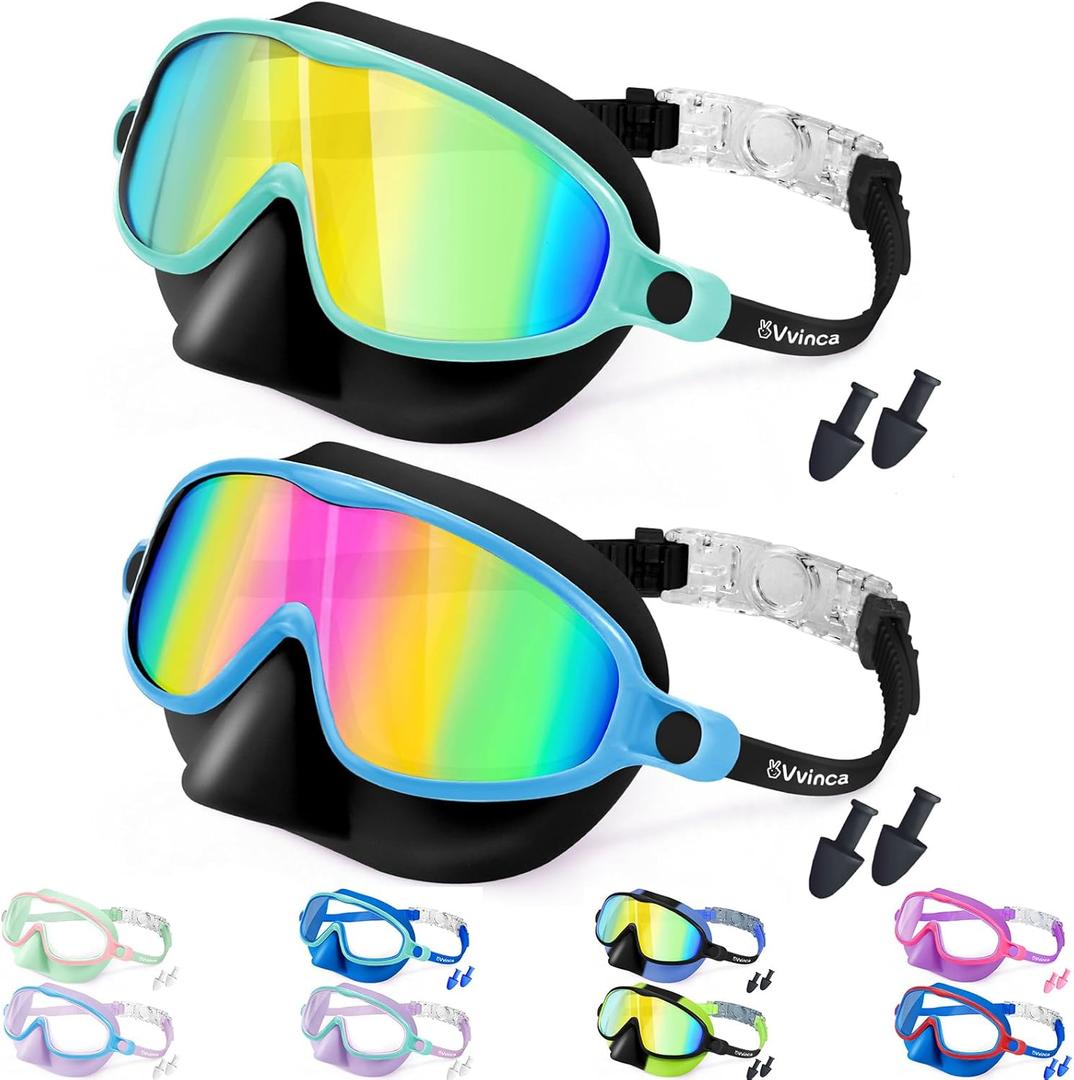 Vvinca Swim Goggles with Nose Cover, 2 Pack Wide View Diving Mask Anti-Fog UV No Leak Toddlers Swimming Goggles for Kids 3-15 (01-Black Green& Black Blue)