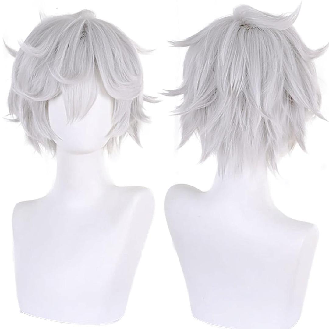 Anime Gray White Cosplay Wigs Role Costume Wig Short Curly Hair for Men Halloween Party Unisex Adult Anime Lovers