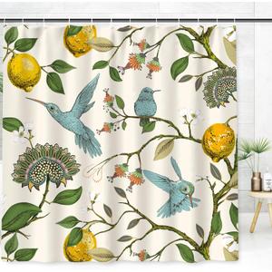 AnyDesign Lemon Shower Curtain Summer Blue Birds Lemon Tree Bathroom Decor Retro Nature Fabric Bath Curtain Set with Hooks for Home Hotel Bathroom Supplies, 72 x 72 Inch