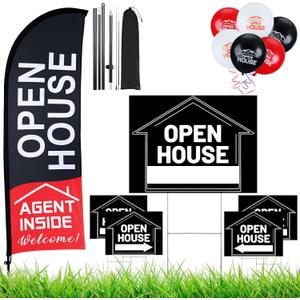 Buryeah Open House Signs Set (36 Pcs Total), 1 Open House Flag with Pole Kit for Yard, 5 Double Sided Real Estate Business Agent Directional Arrows Signs with Metal Stakes and 30 Balloons(Black)