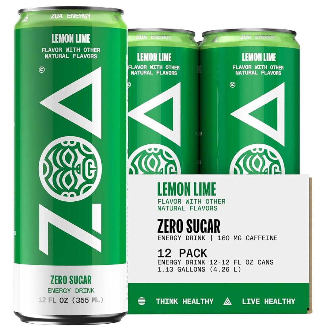 ZOA Energy Sugar Free Energy Drinks With Electrolytes For Hydration, Lemon Lime - 12 Fl Oz (12-Pack) (EXP 10/13/26)