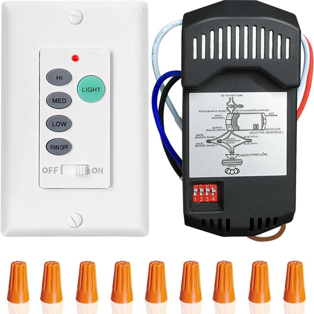 Ceiling Fan Remote Control Kit, Universal Wall Mount Fan Switch Replacement for Hampton Bay Harbor Breeze Hunter, UC9050T Wired Transmitter & R28 Receiver Kit, Fan 3 Speed Adjustable and Light Dimmer