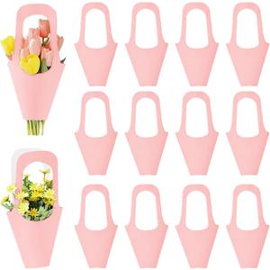 Enorteen 30 Pcs Flower Wrapping Paper Gift Bags with Handle - Bouquet Gift Bags for Thanksgiving, Birthday, Wedding Parties - Pink