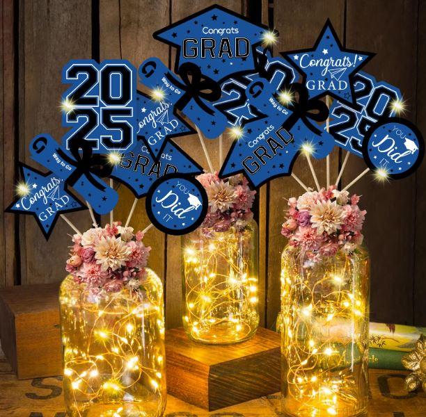 GuassLee Graduation Decorations Class of 2025-36pcs Blue and Black Graduation Table Centerpieces Sticks Table Toppers with Lights for College High School Congrats Grad Party Supplies