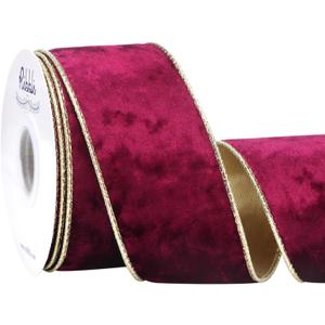 Ribbli Burgundy Velvet Wired Ribbon 2.5 Inch Metallic Burgundy Red Gold Crushed Velvet Christmas Ribbon for Gift Wrapping Christmas Tree Decoration Crafts Wreaths Supplies-Continuous 10 Yards