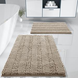 Yimobra Washable Bathroom Rugs Sets 2 Piece, Non Slip Quick Dry Absorbent Bath Mat Set, Plush Chenille Luxury Shower Rugs for Bathroom Floor Sink Tub and Shower Outside(Camel, 20" x 32"+17" x 24")