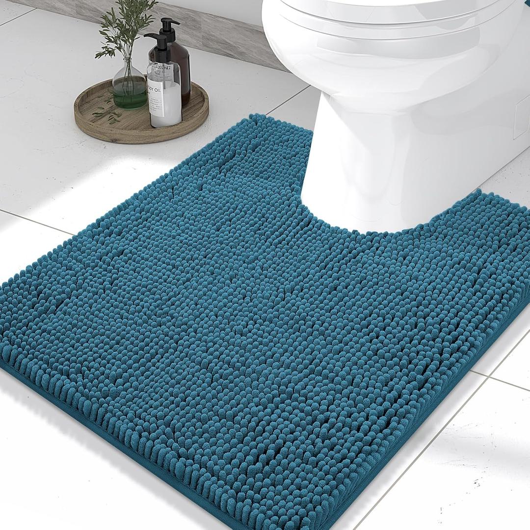 Smiry Luxury Chenille Toilet Rugs U-Shaped 24x20, Soft Absorbent Non-Slip Contour Bathroom Rugs for Toilet, Machine Washable Contoured Bath Mats, Peacock Blue